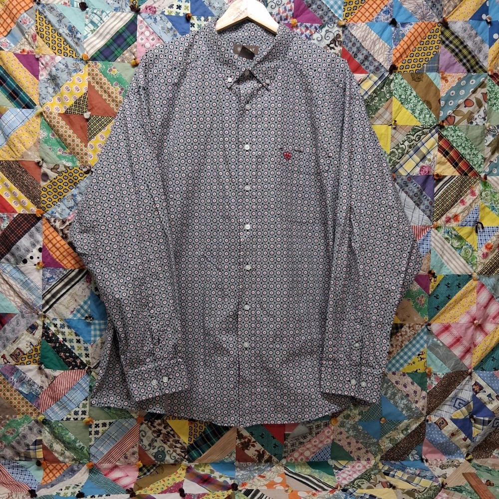 Ariat Button Down Shirt Mens 3XL Navy Red Geometric Print Long‎ Sleeve Wooster